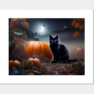 A sleek black cat in a pumpkin patch on Halloween night Posters and Art